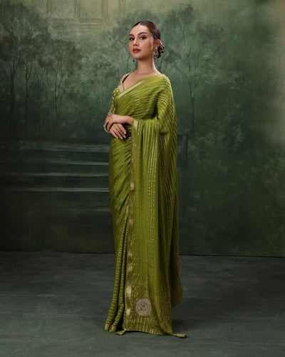 Henna Green Crepe Silk Saree With Gota Embroidered Stitched Blouse