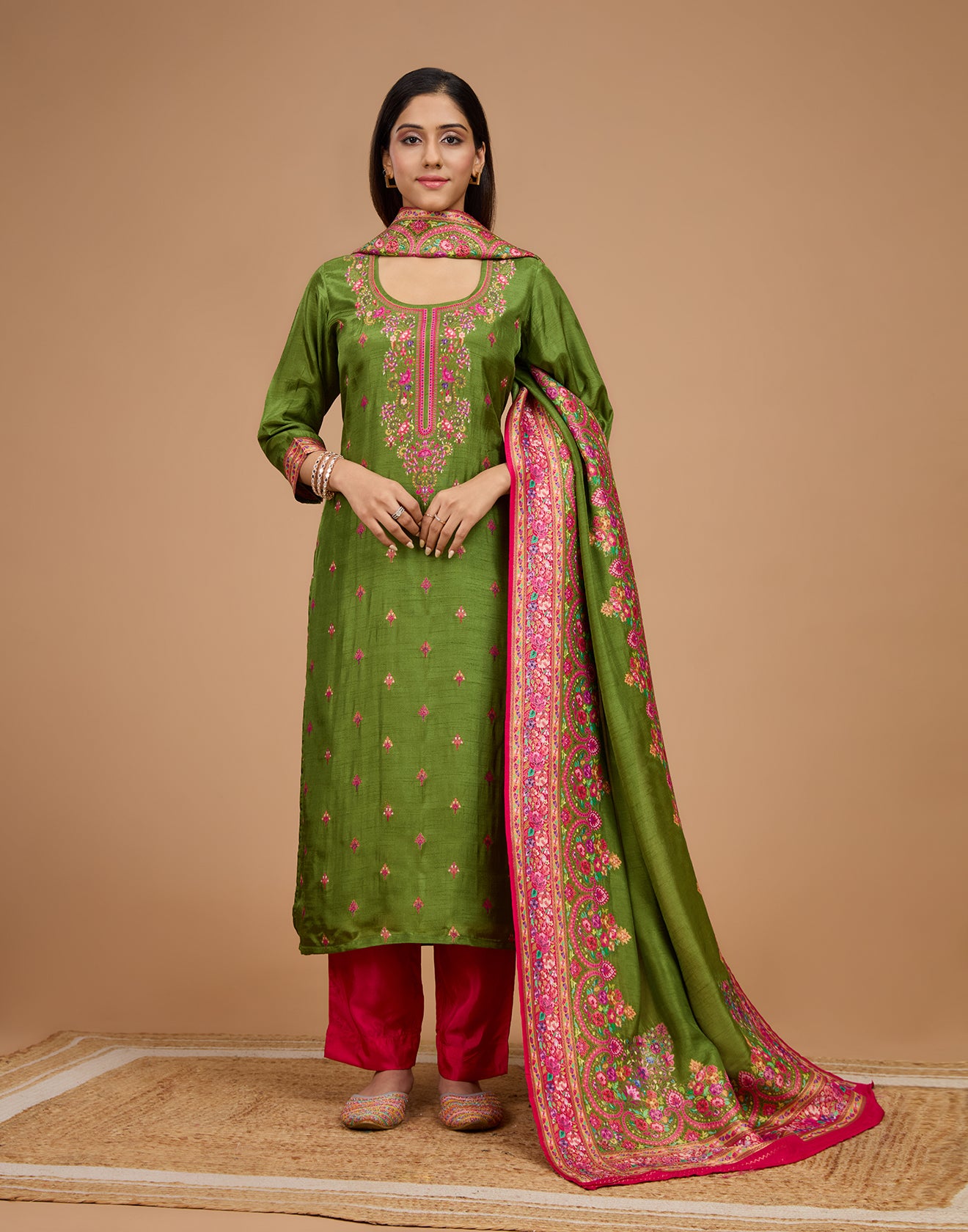Henna Green With Contrast Woven Design Silk Unstitched Suit Set