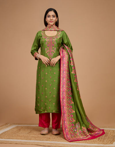 Henna Green With Contrast Woven Design Silk Unstitched Suit Set