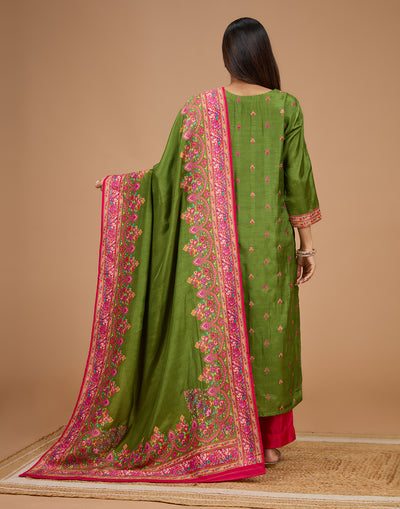 Henna Green With Contrast Woven Design Silk Unstitched Suit Set