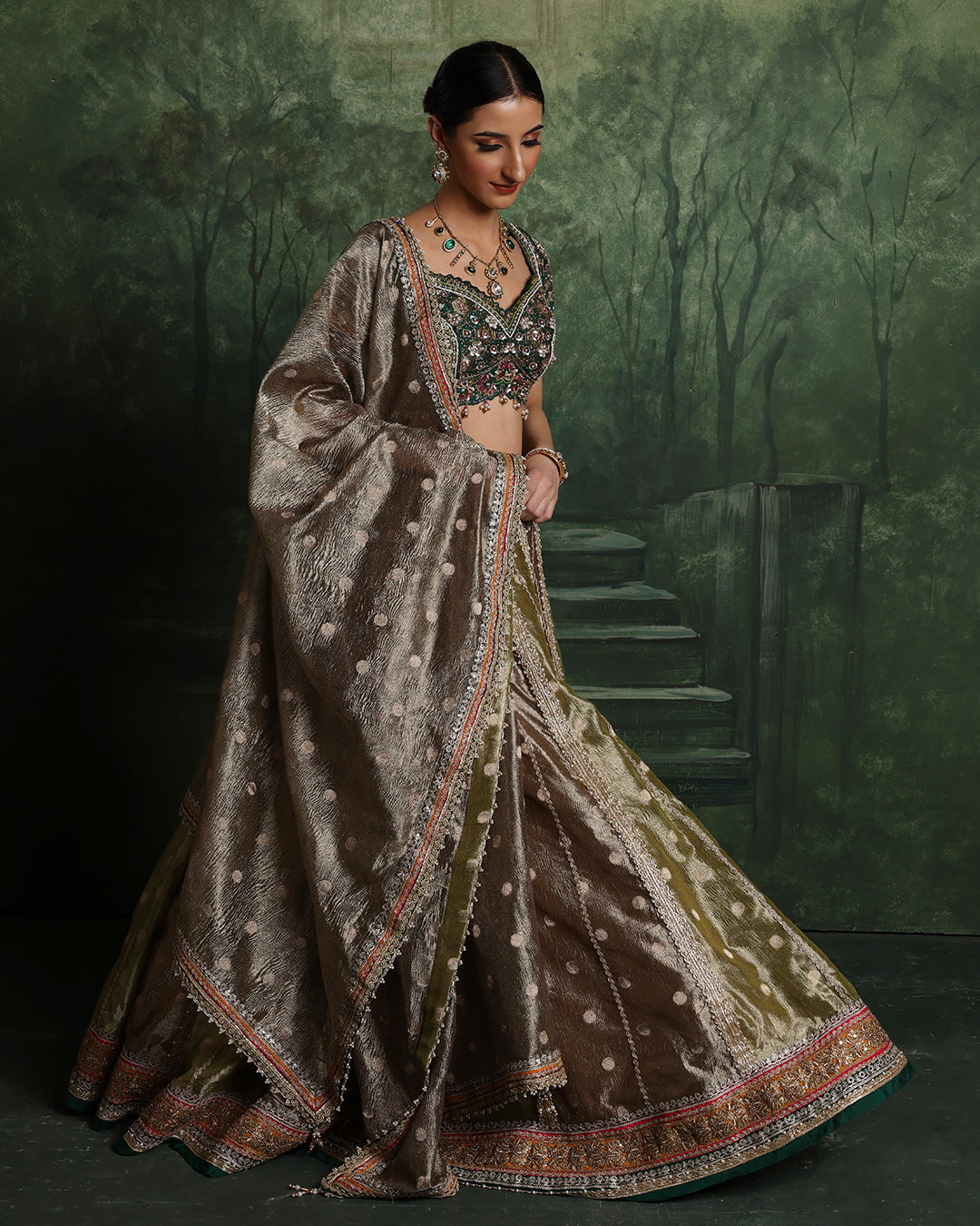 Henna Hues Shimmer Brocade Lehenga Set For Mehendi