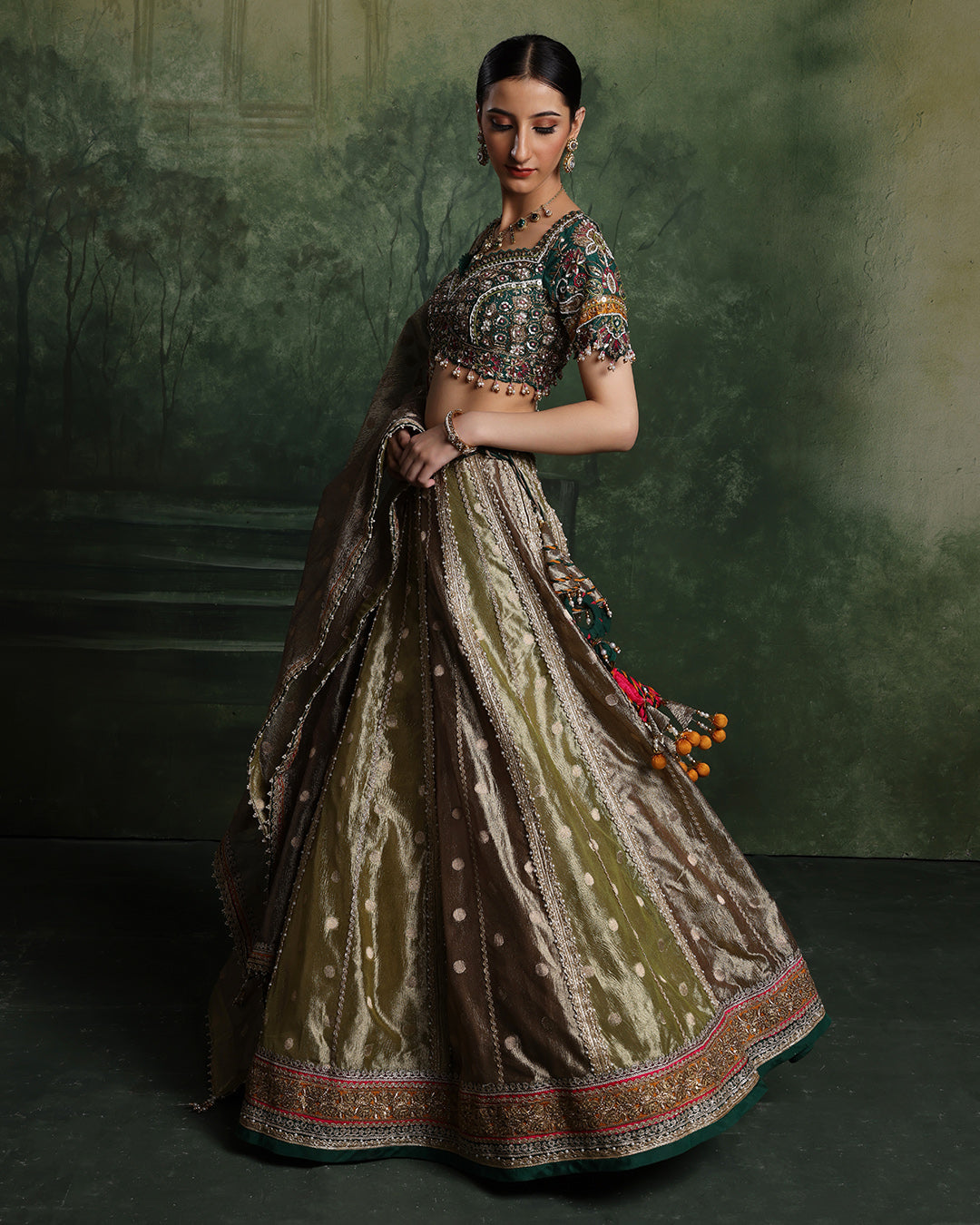 Henna Hues Shimmer Brocade Lehenga Set For Mehendi