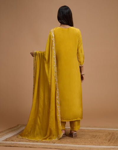 Honey Yellow Crepe Silk Embroidered Unstitched Suit Set