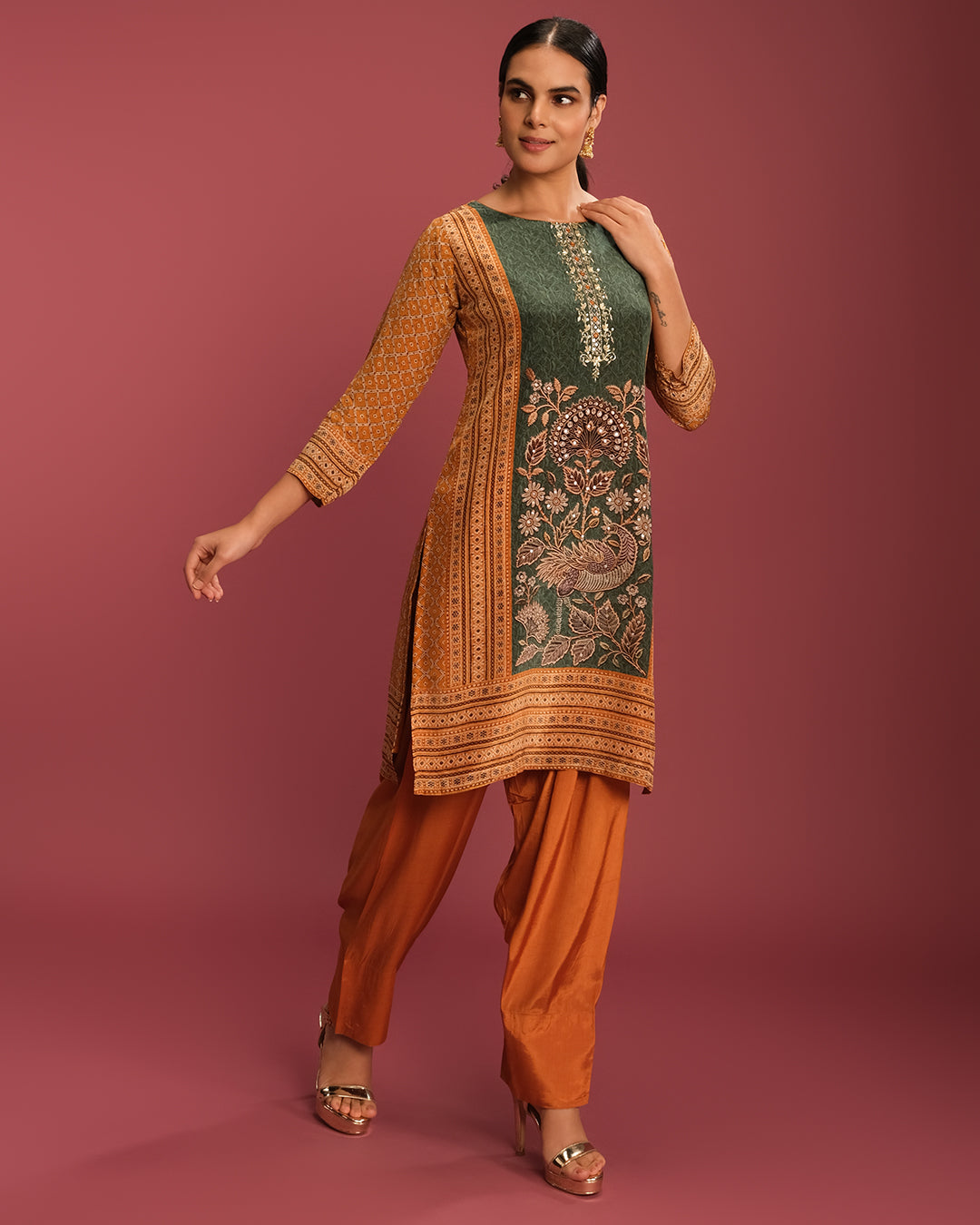 Honey Yellow & Forest Green Printed Crepe Kurta Set