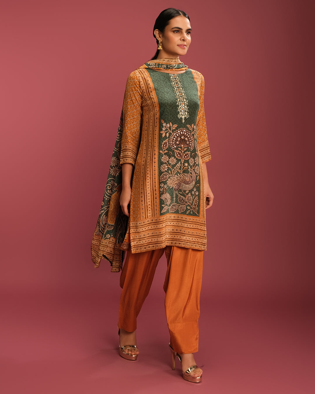 Honey Yellow & Forest Green Printed Crepe Kurta Set