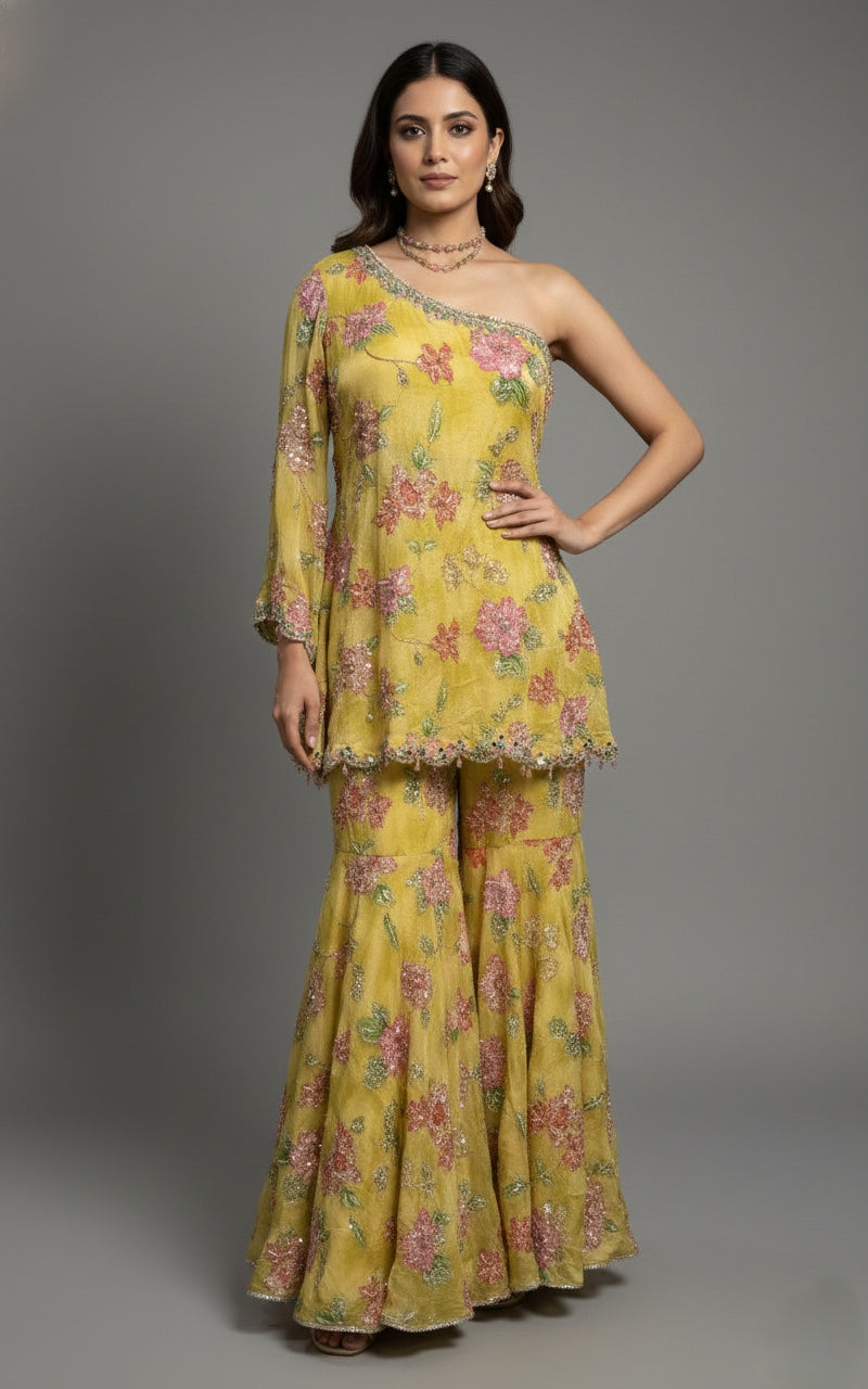 Honeycomb Gardenia Printed Chiffon Off-Shoulder Sharara Set