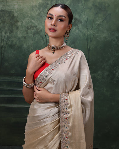 Hues Of Golden Charm Tissue Silk Embroidered Saree With Pink Unstitched Blouse Fabric