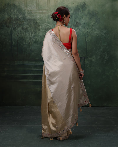 Hues Of Golden Charm Tissue Silk Embroidered Saree With Pink Unstitched Blouse Fabric