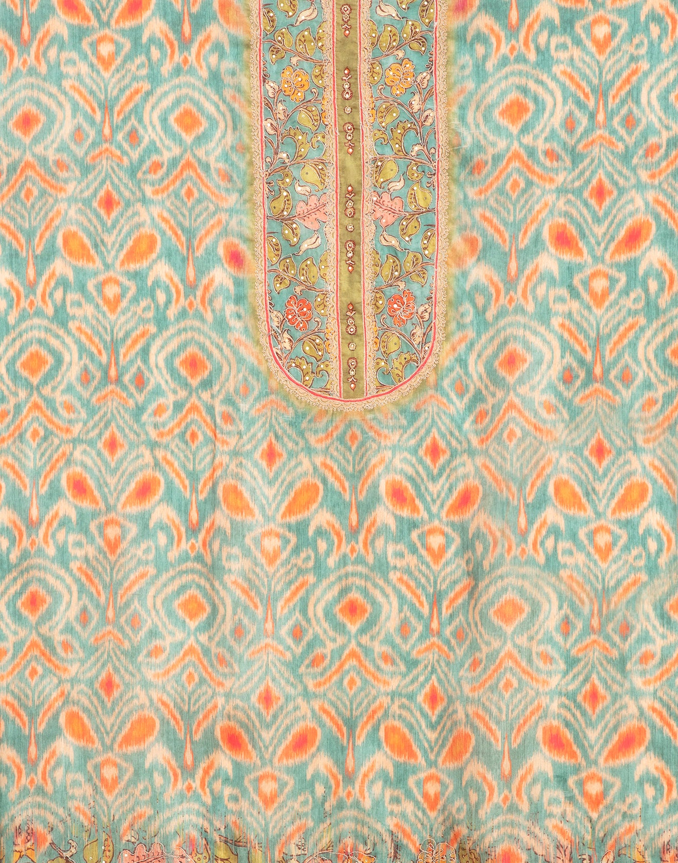 Ikkat And Kalamkari Printed Blended Silk Unstitched Suit Set