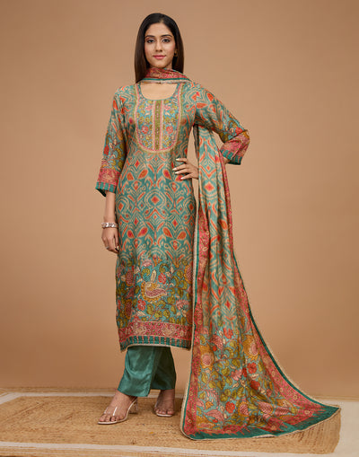 Ikkat And Kalamkari Printed Blended Silk Unstitched Suit Set