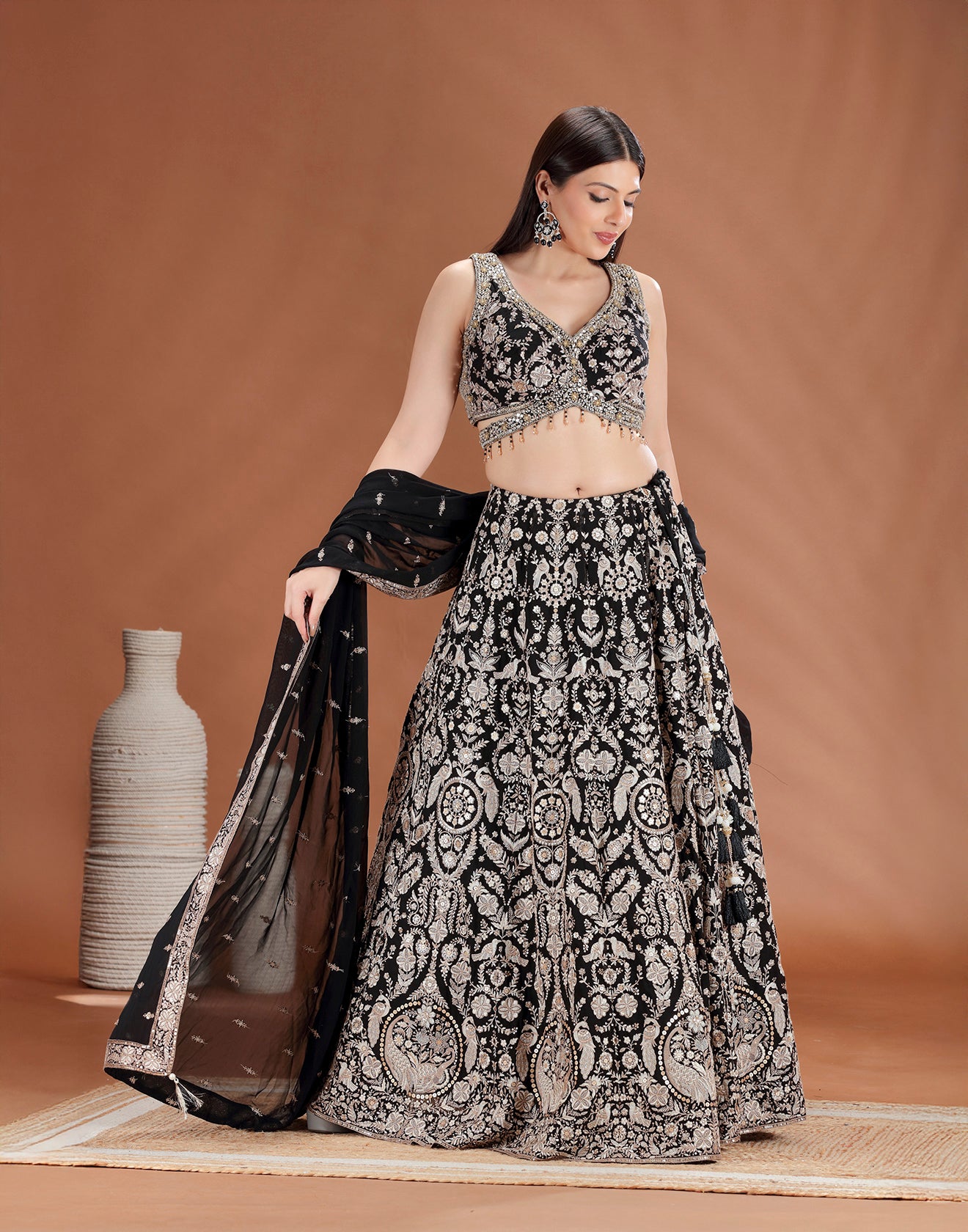 Imperial Black Resham Embroidered Georgette Lehenga Set