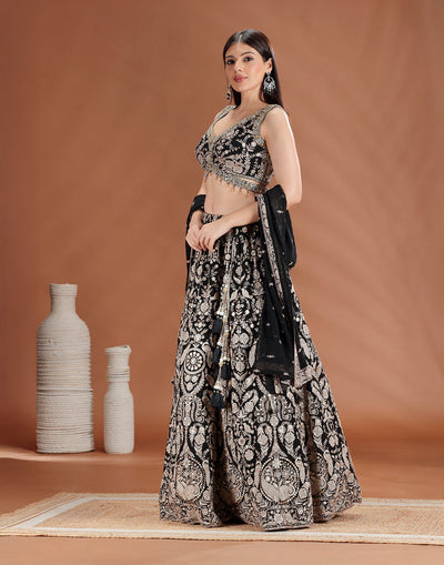 Imperial Black Resham Embroidered Georgette Lehenga Set
