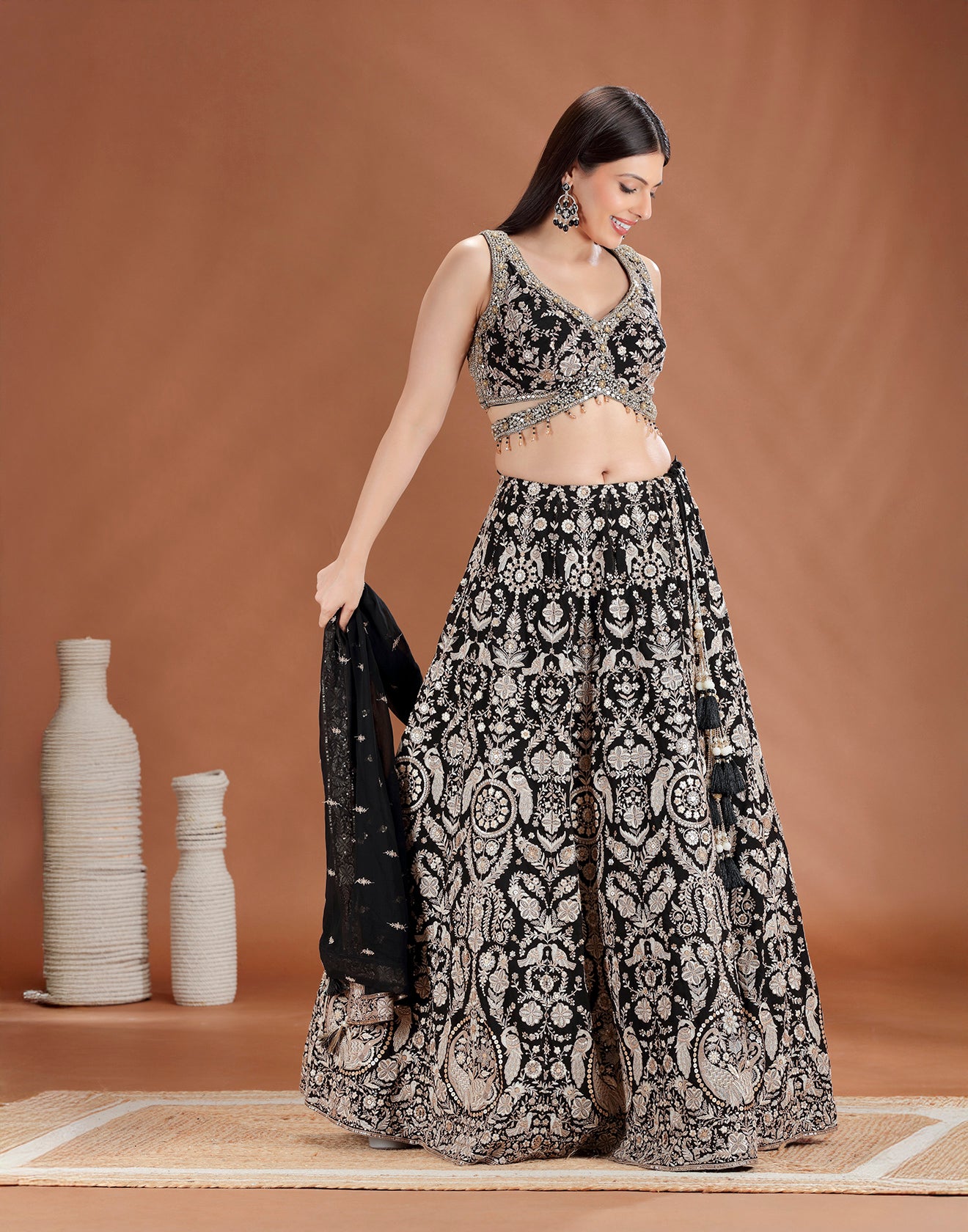 Imperial Black Resham Embroidered Georgette Lehenga Set
