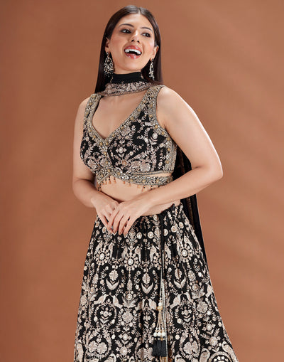 Imperial Black Resham Embroidered Georgette Lehenga Set