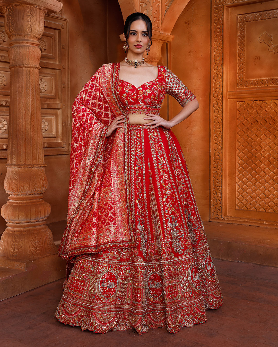 Imperial Red Embroidered Silk Lehenga With Bandhej & Organza Dupattas