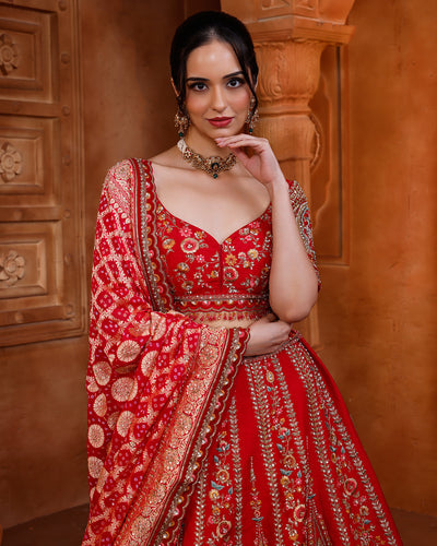 Imperial Red Embroidered Silk Lehenga With Bandhej & Organza Dupattas