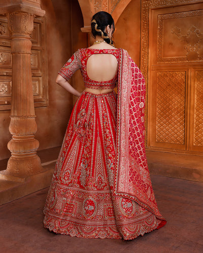 Imperial Red Embroidered Silk Lehenga With Bandhej & Organza Dupattas