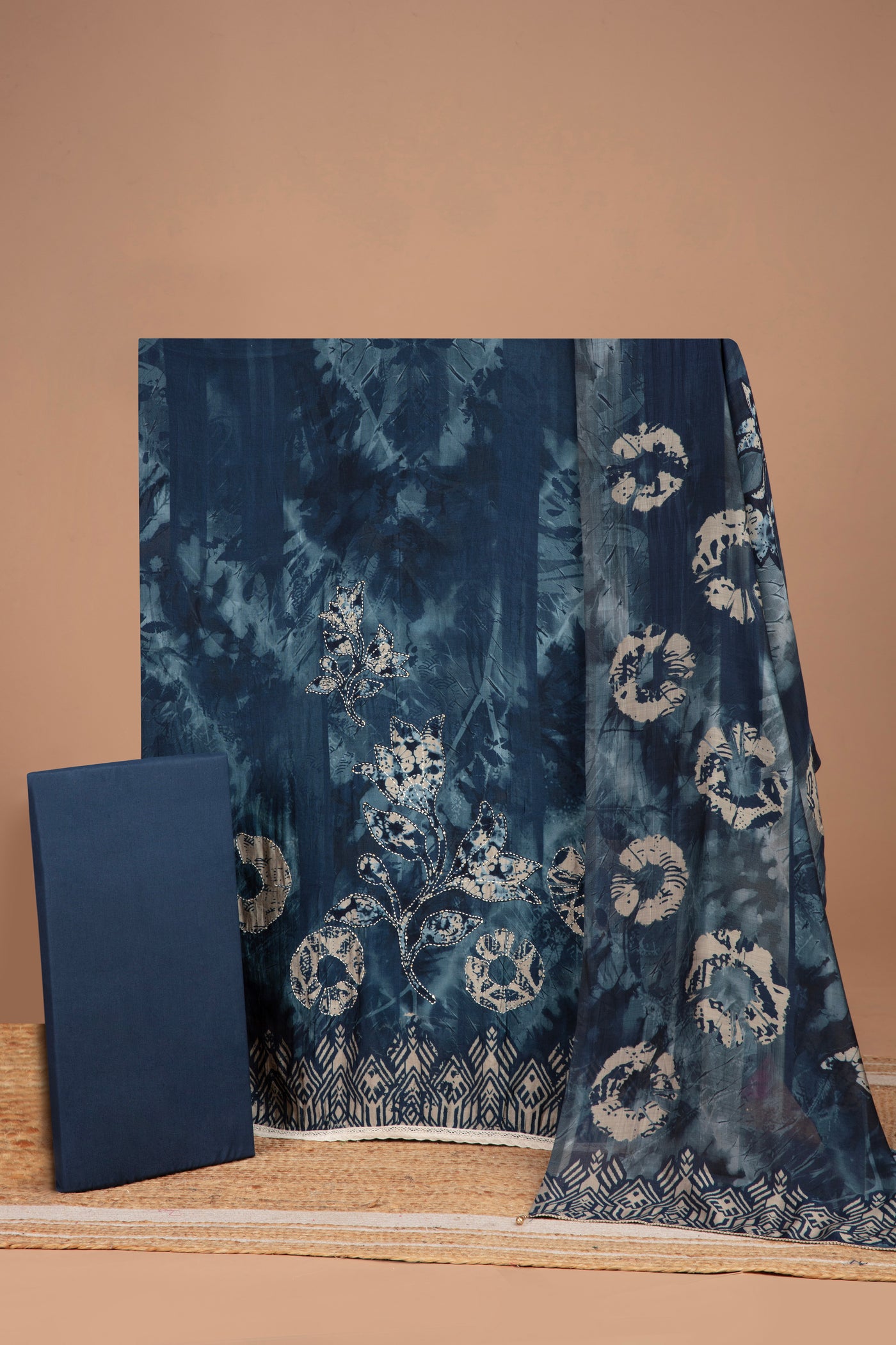 Ink Blue Indigo Print Blended Silk Unstitched Suit Set