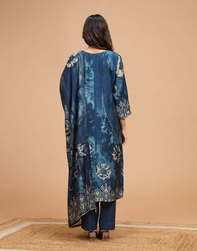 Ink Blue Indigo Print Blended Silk Unstitched Suit Set