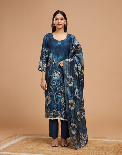 Ink Blue Indigo Print Blended Silk Unstitched Suit Set