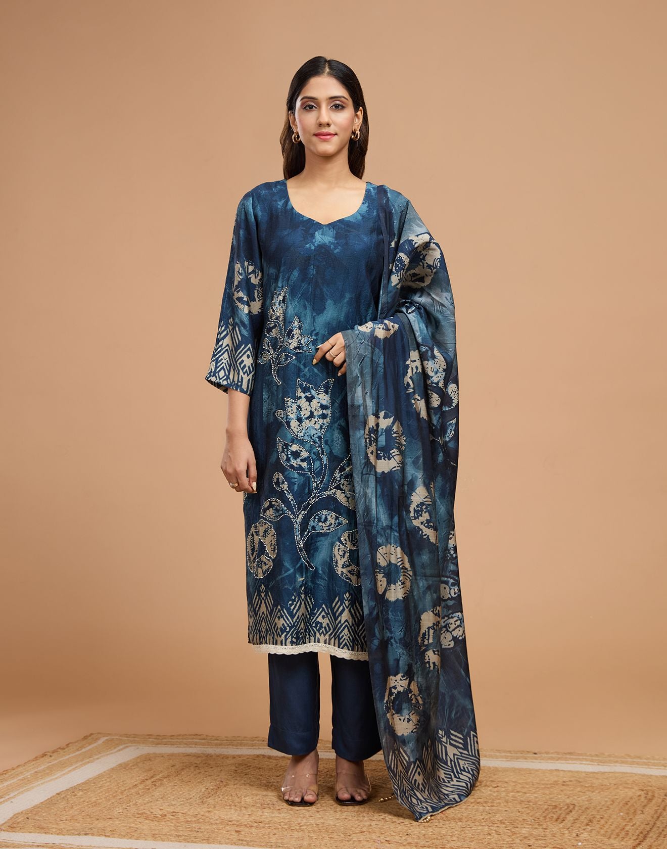 Ink Blue Indigo Print Blended Silk Unstitched Suit Set