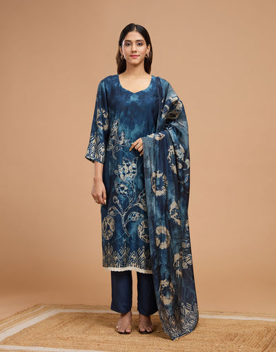 Ink Blue Indigo Print Blended Silk Unstitched Suit Set