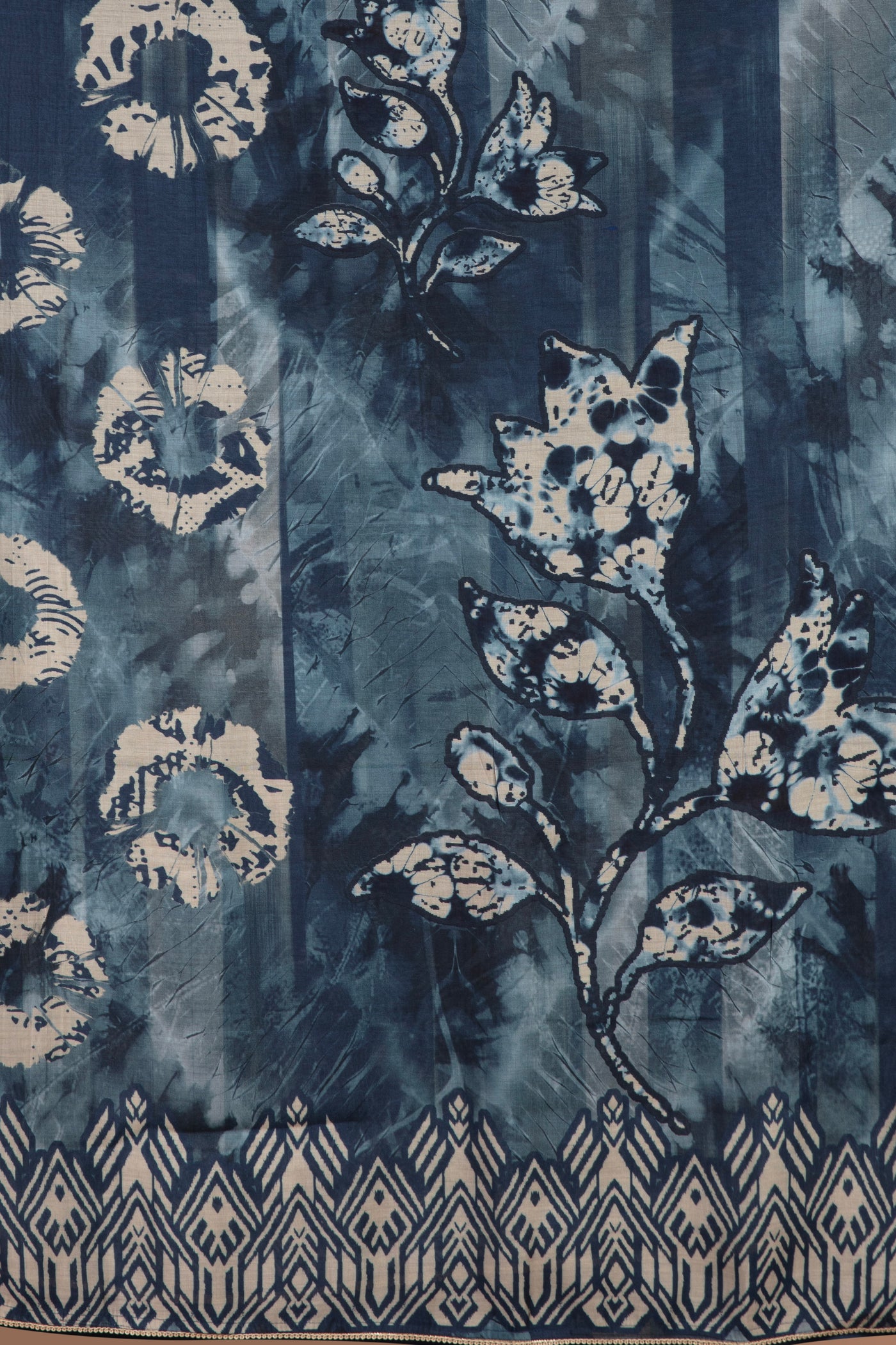 Ink Blue Indigo Print Blended Silk Unstitched Suit Set