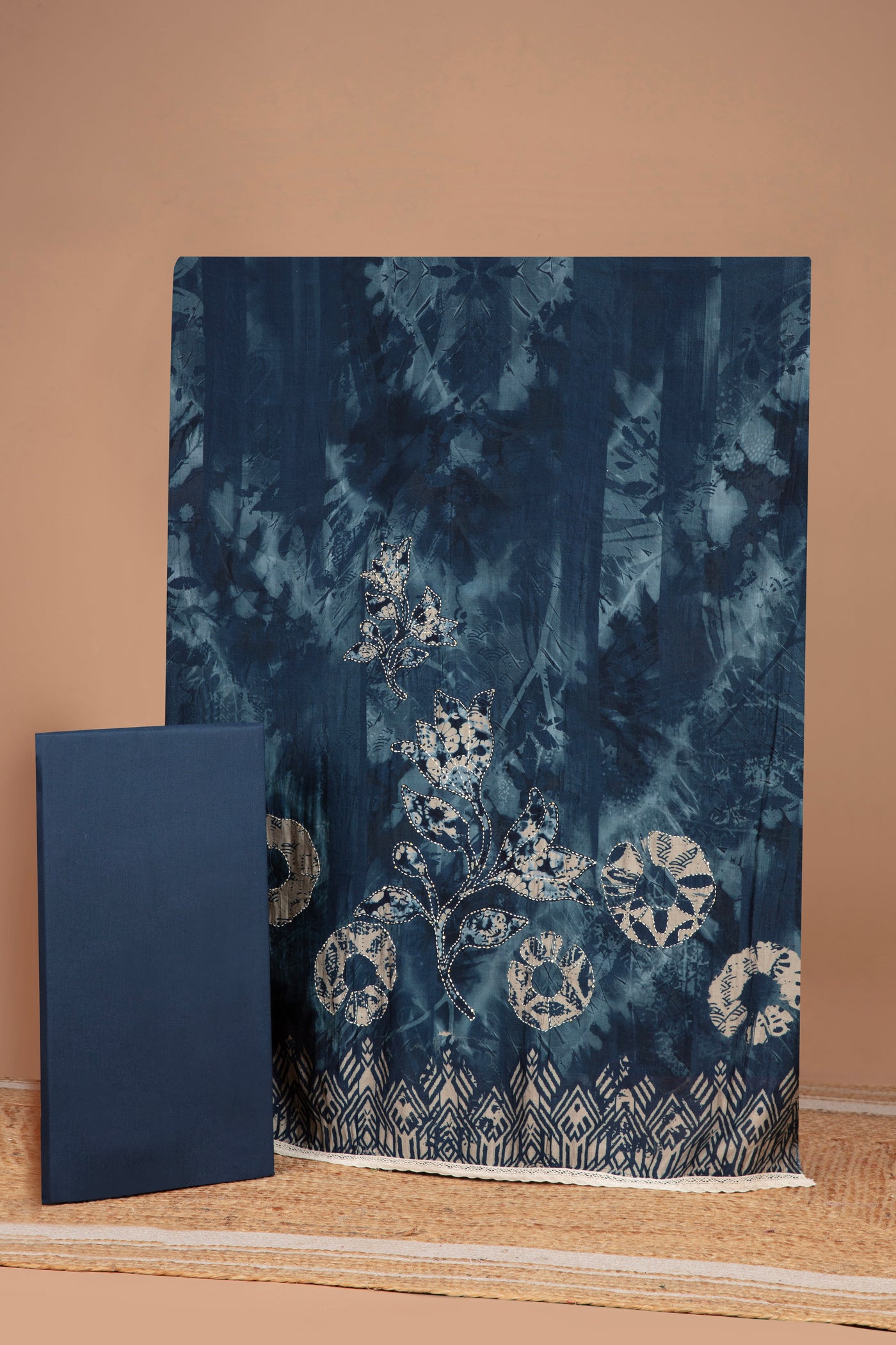 Ink Blue Indigo Print Blended Silk Unstitched Suit Set