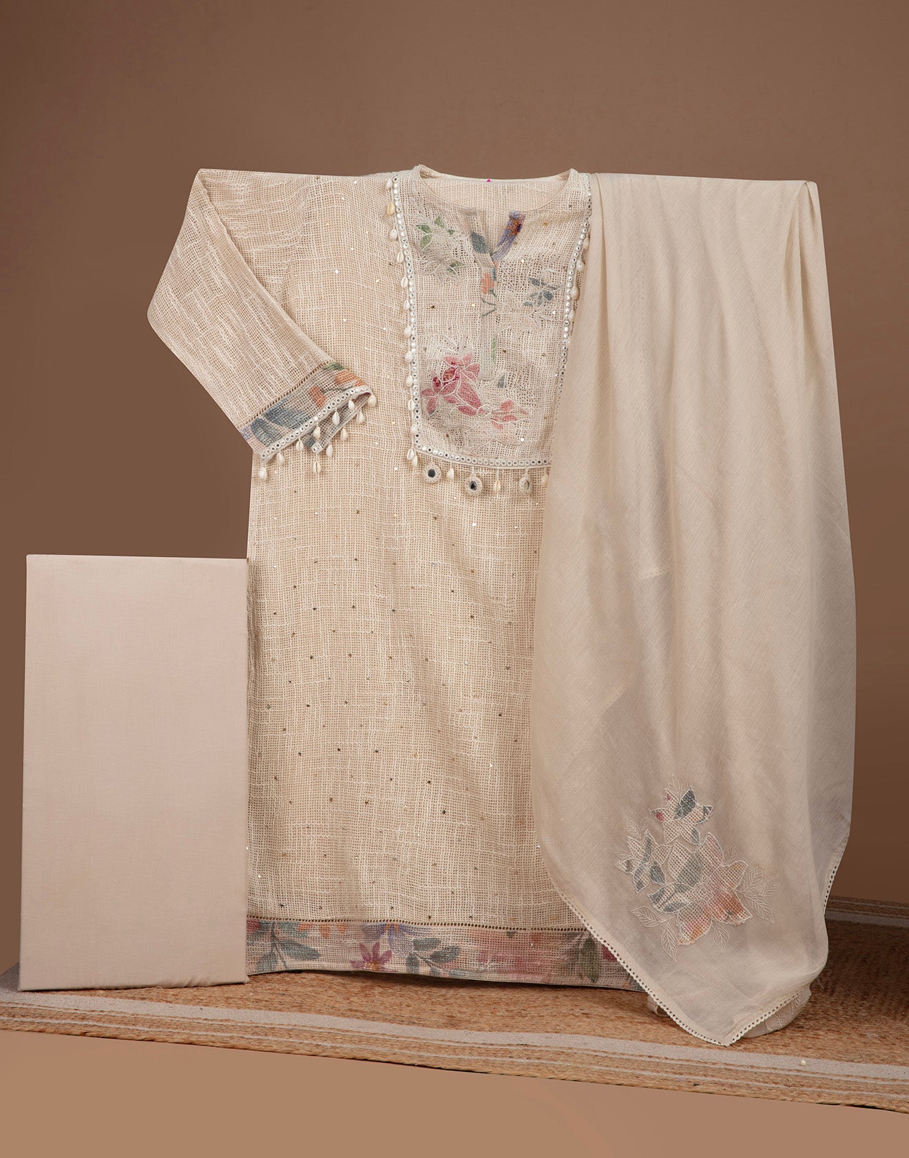 Ivory Charm Jute Cotton Printed Semi Stitched Suit Set