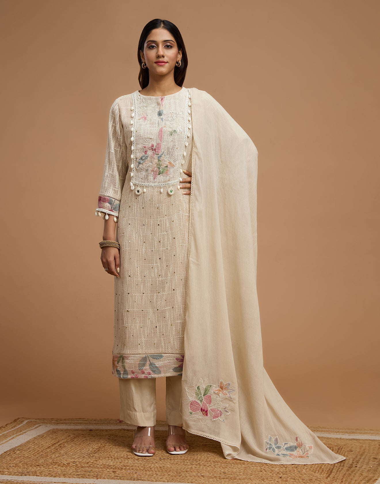 Ivory Charm Jute Cotton Printed Semi Stitched Suit Set