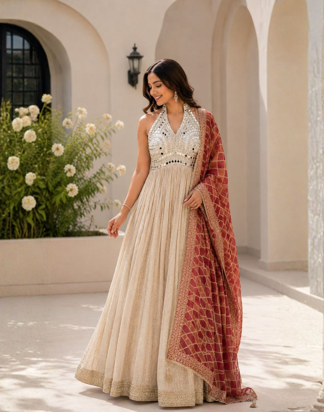 anarkali dress gold Ivory Embellished Halter-Neck Gown with Dupatta – Roopkala Renaissance Festival Cast