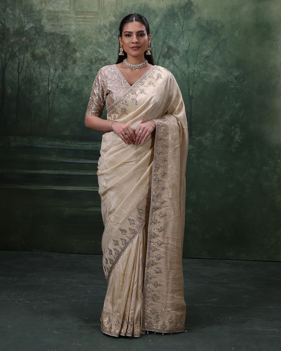 Ivory Mist Pure Silk Embroidered Saree With Stitched Blouse