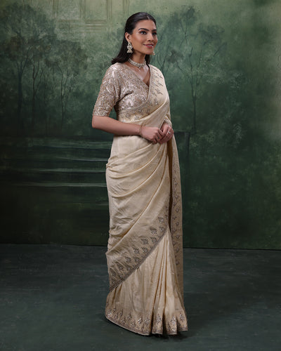 Ivory Mist Pure Silk Embroidered Saree With Stitched Blouse