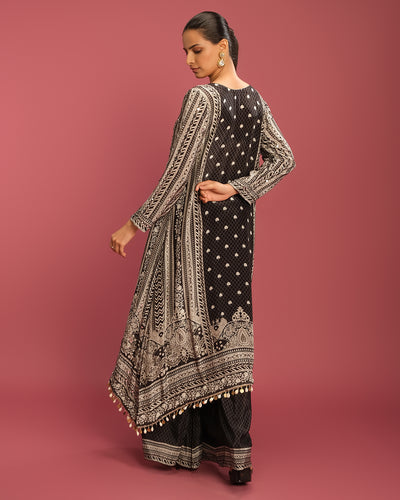 Jet Black And Off-White Printed Pure Crepe Kurta Set