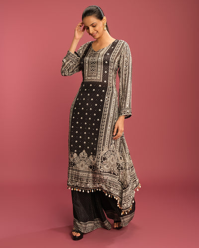 Jet Black And Off-White Printed Pure Crepe Kurta Set