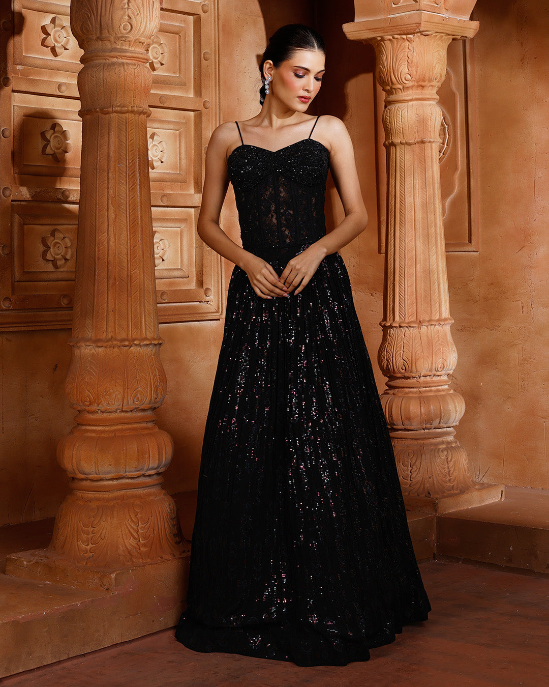 Jet Black Chantilly Net Corset Lehenga Set