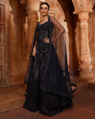 Jet Black Chantilly Net Corset Lehenga Set