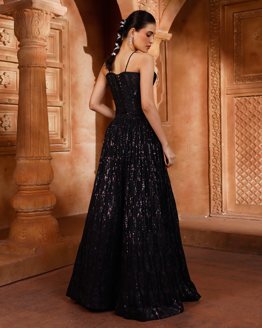 Jet Black Chantilly Net Corset Lehenga Set