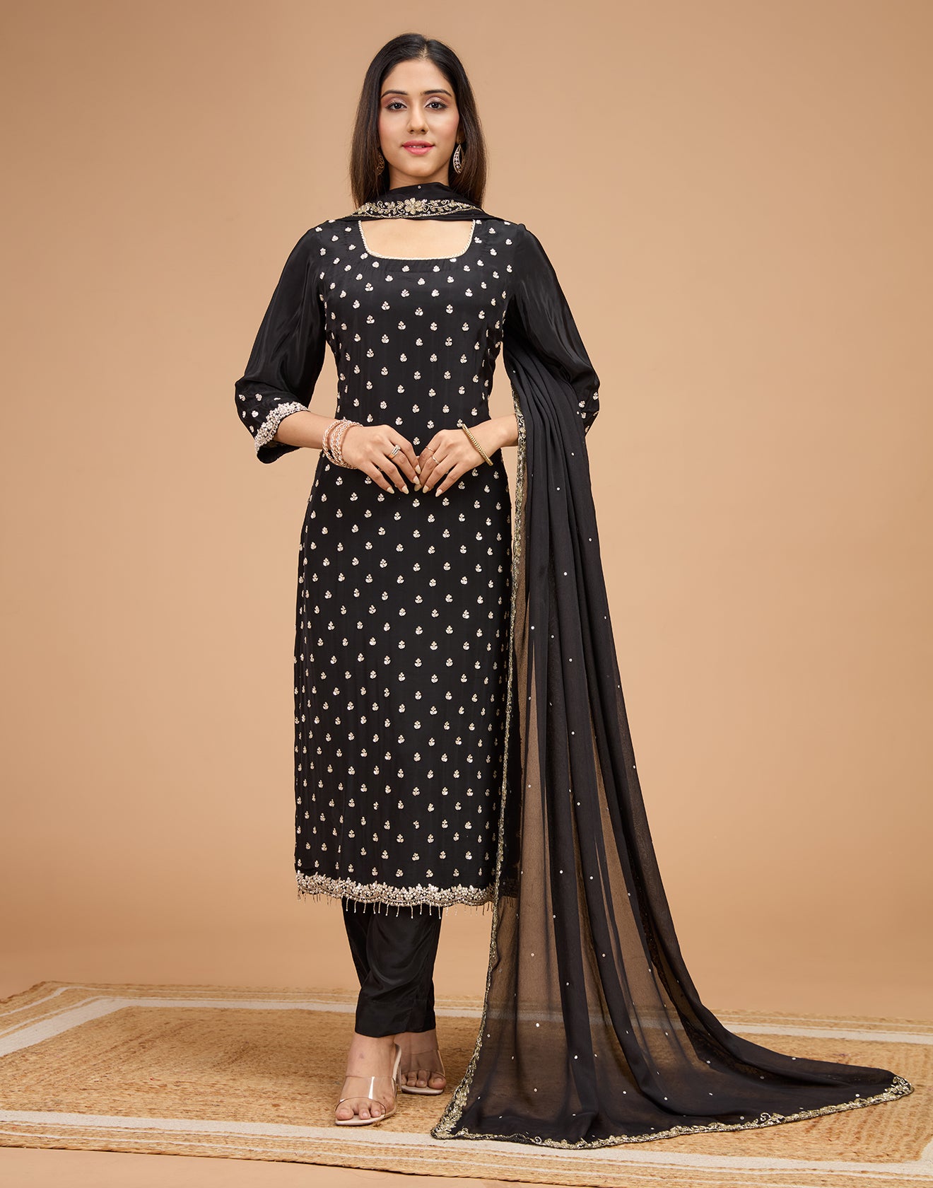 Jet Black Crepe Silk Embroidered Unstitched Suit Set