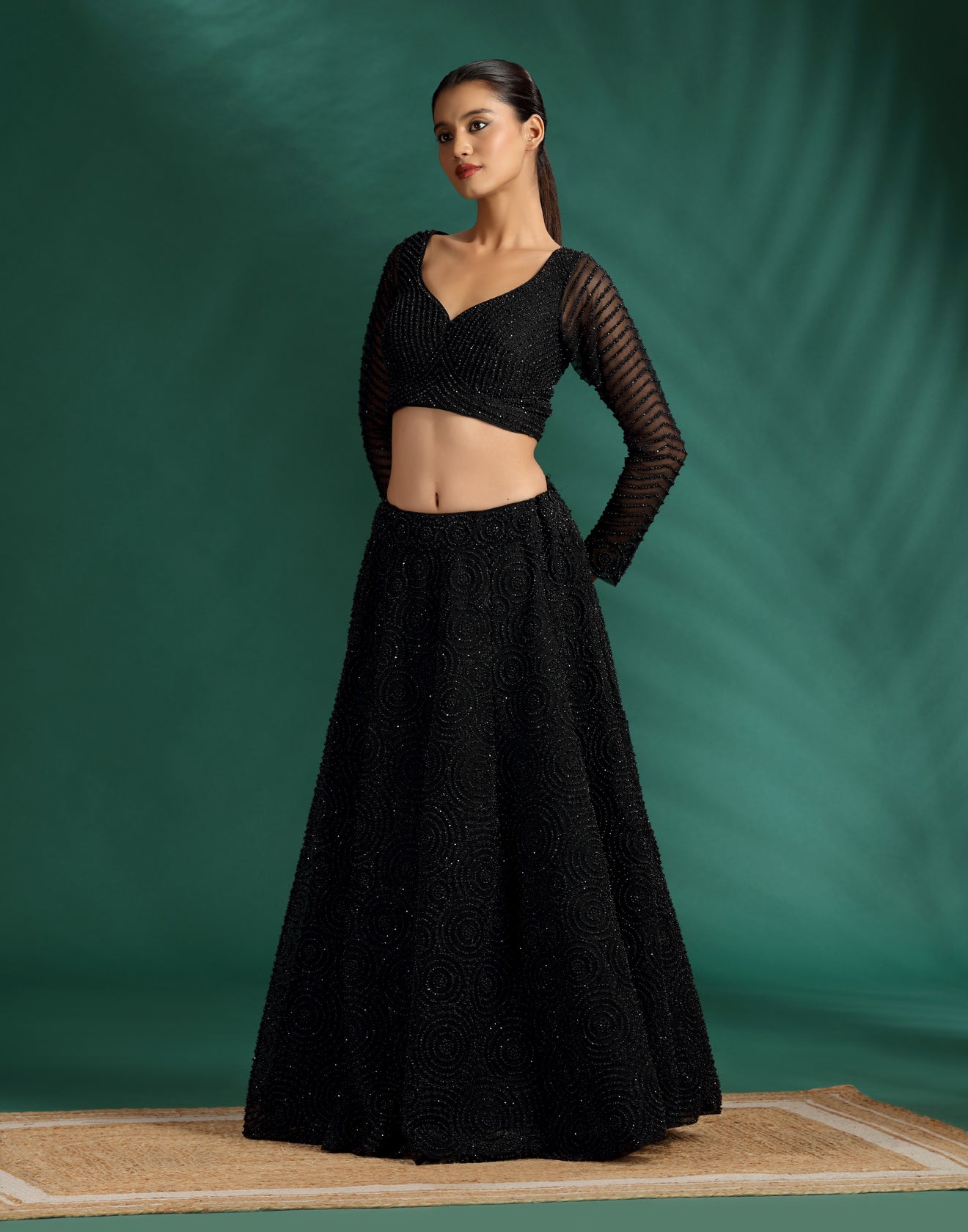 Jet Black Pearl Embellished Cocktail Lehenga Set