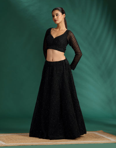 Jet Black Pearl Embellished Cocktail Lehenga Set