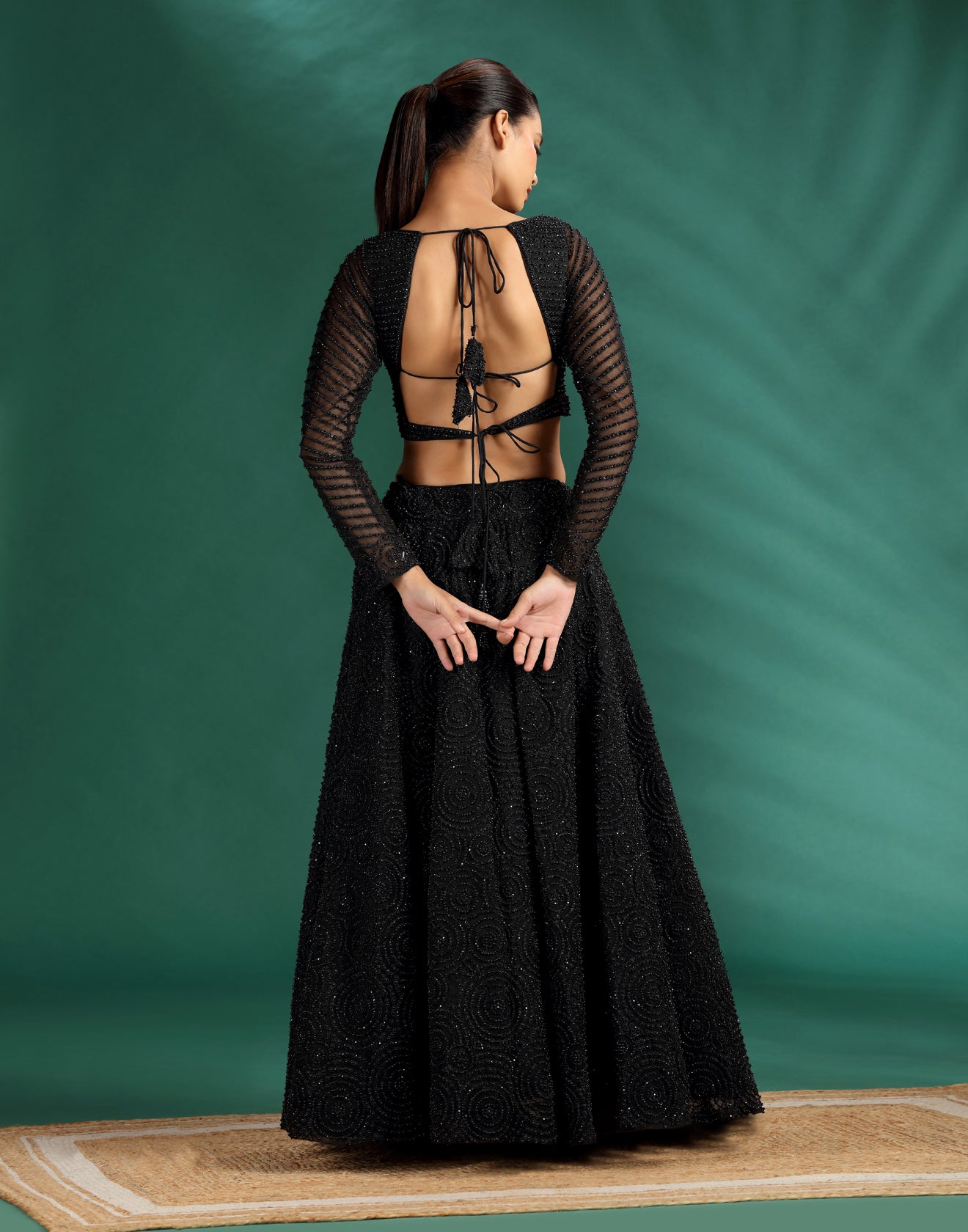 Jet Black Pearl Embellished Cocktail Lehenga Set