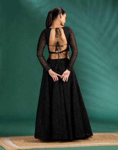 Jet Black Pearl Embellished Cocktail Lehenga Set