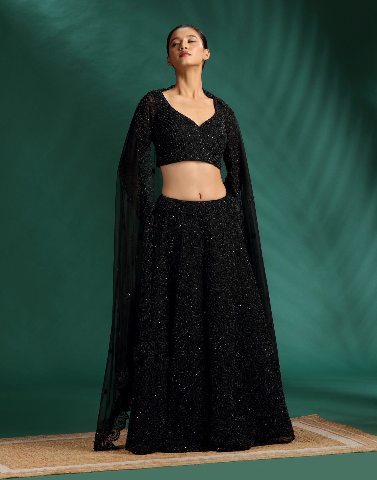 Jet Black Pearl Embellished Cocktail Lehenga Set