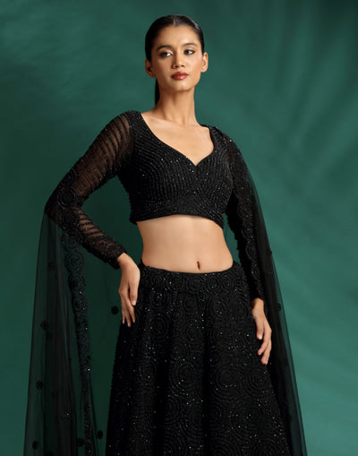Jet Black Pearl Embellished Cocktail Lehenga Set