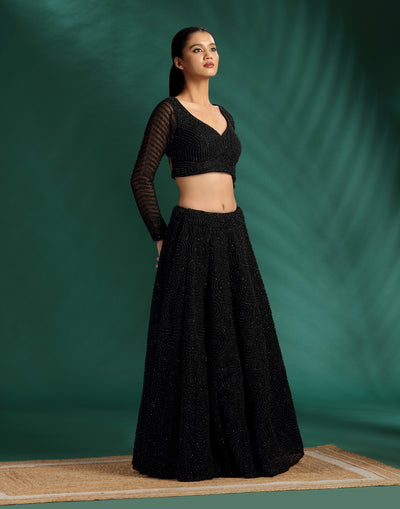 Jet Black Pearl Embellished Cocktail Lehenga Set