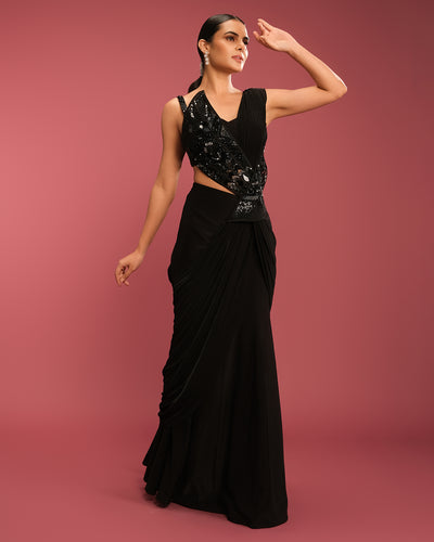 Jet Black Sculpted Embellished Pre-Stitched Saree