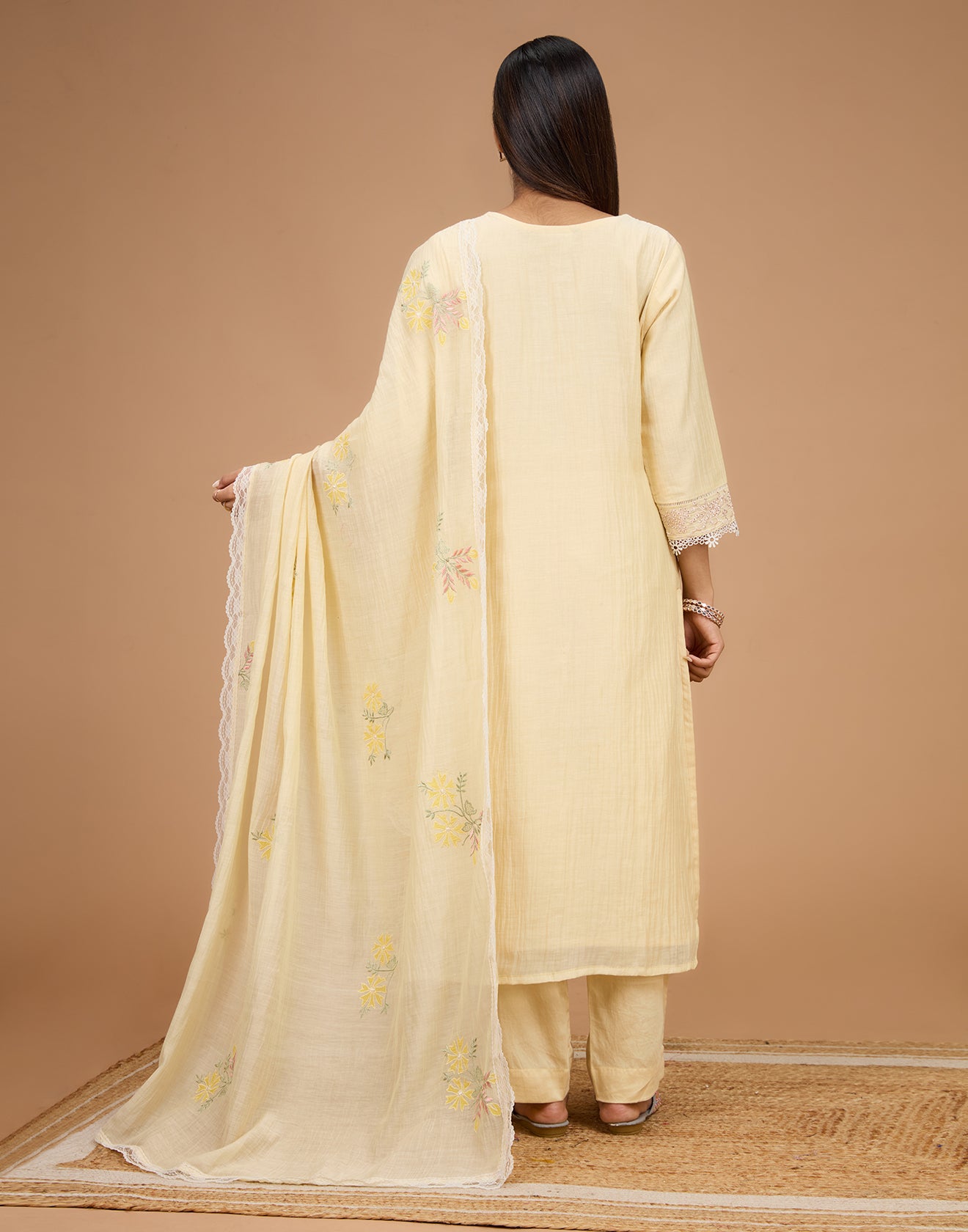 Lemon Yellow Embroidered Cotton Semi-Stitched Suit Set