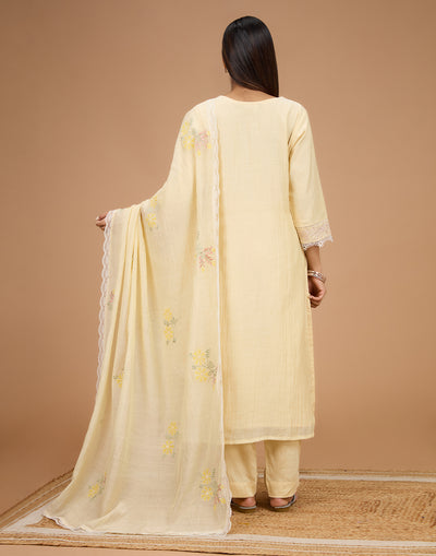 Lemon Yellow Embroidered Cotton Semi-Stitched Suit Set