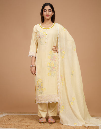 Lemon Yellow Embroidered Cotton Semi-Stitched Suit Set